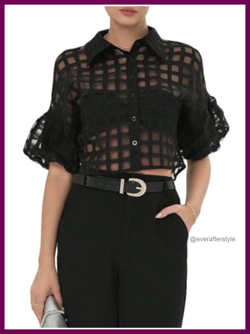 Sheer Mesh Plaid Button Down Crop Top Puff Sleeve Blouse